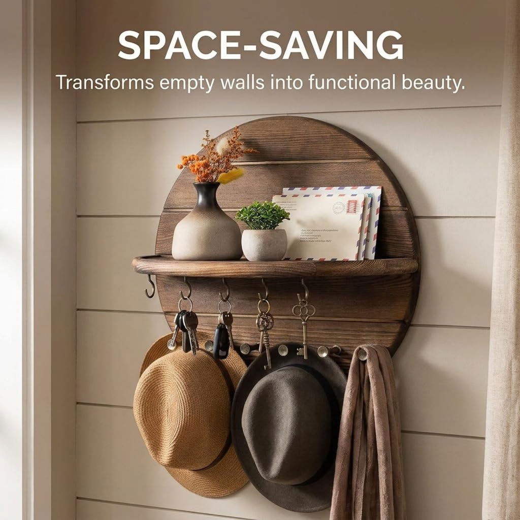 4PCS Key Holder Wall Mount Wood with Shelf and Hooks
