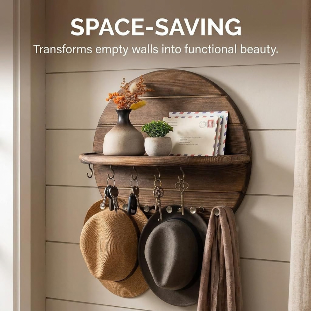 4PCS Key Holder Wall Mount Wood with Shelf and Hooks