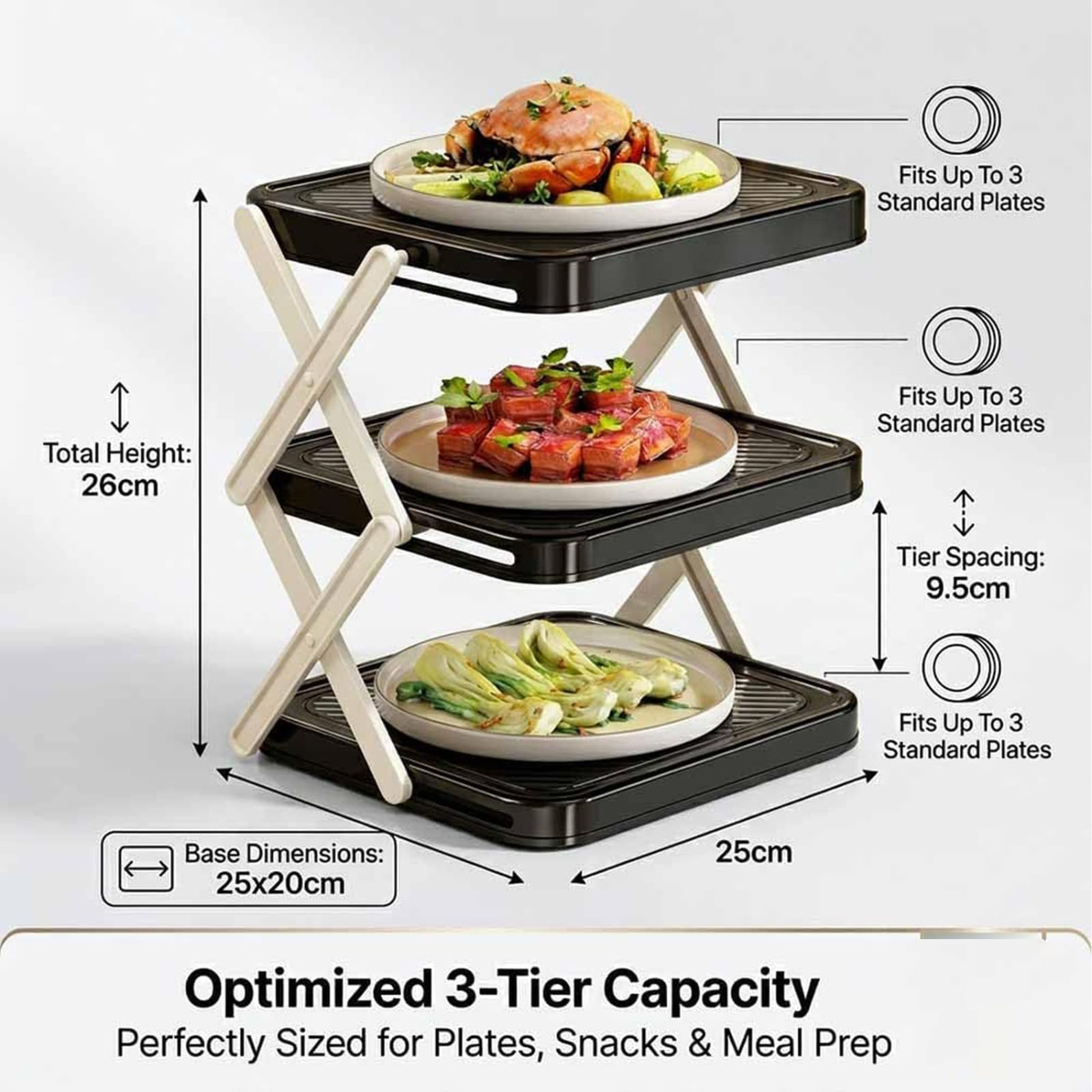 Multi-Layer Foldable Dish Tray Storage Rack, 3-Tier Vertical Plate Organizer for Kitchen