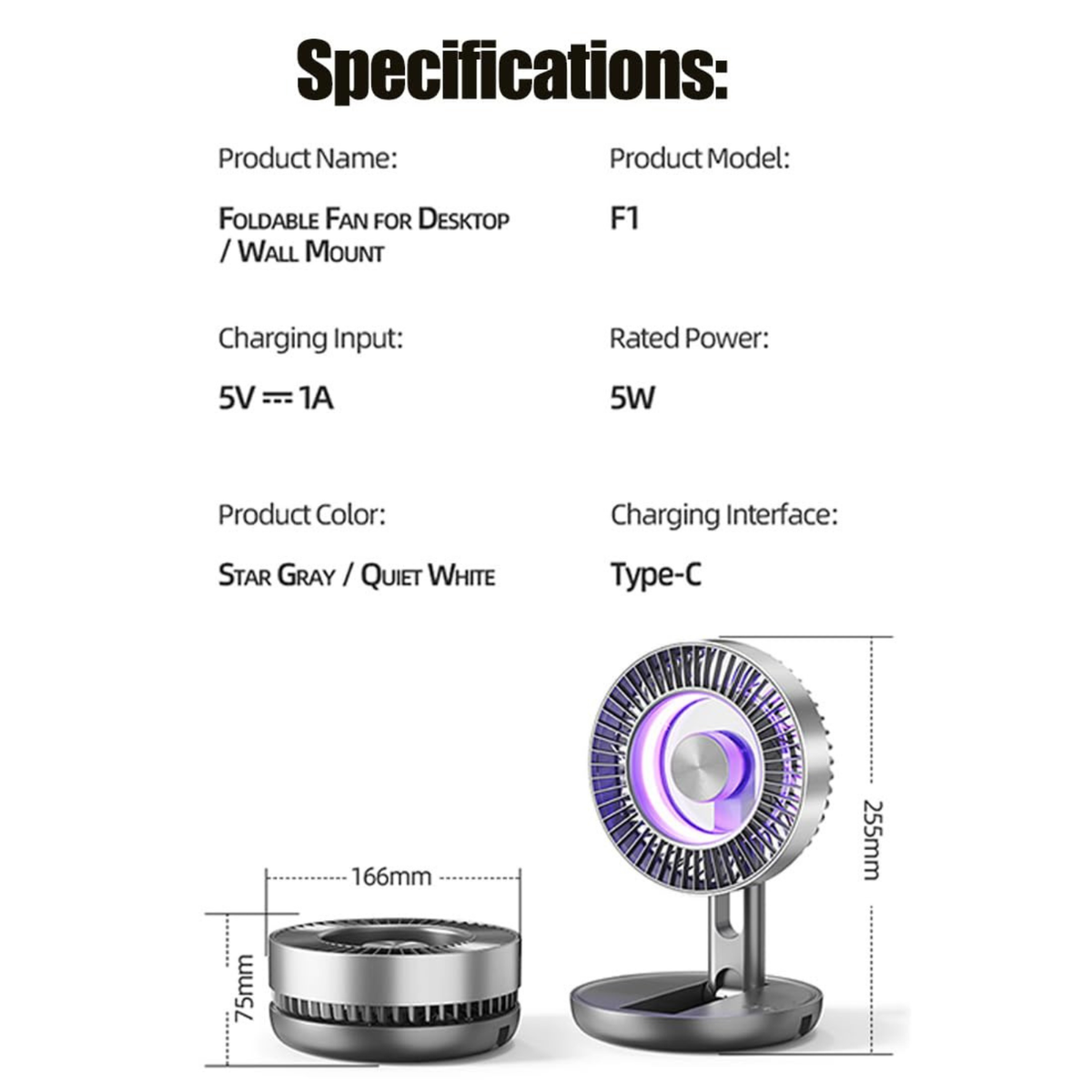 Portable Foldable Table Fan, USB Rechargeable, Quiet Adjustable Standing Fan with LED Light