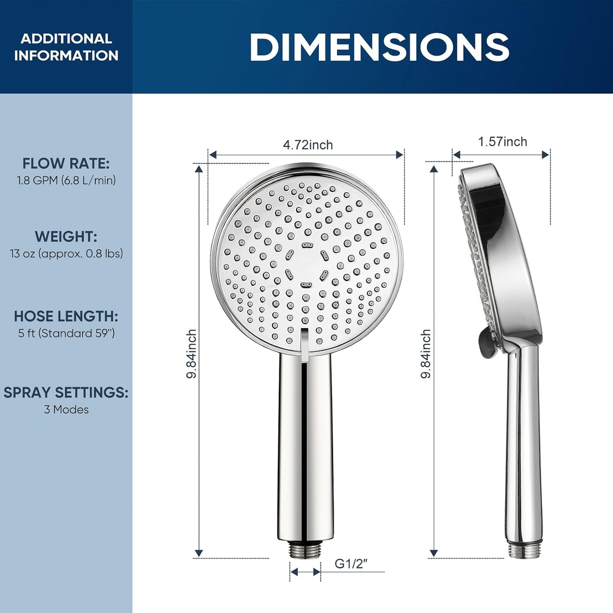 All Metal Handheld Shower Head, 3 Spray Settings, 1.8GPM