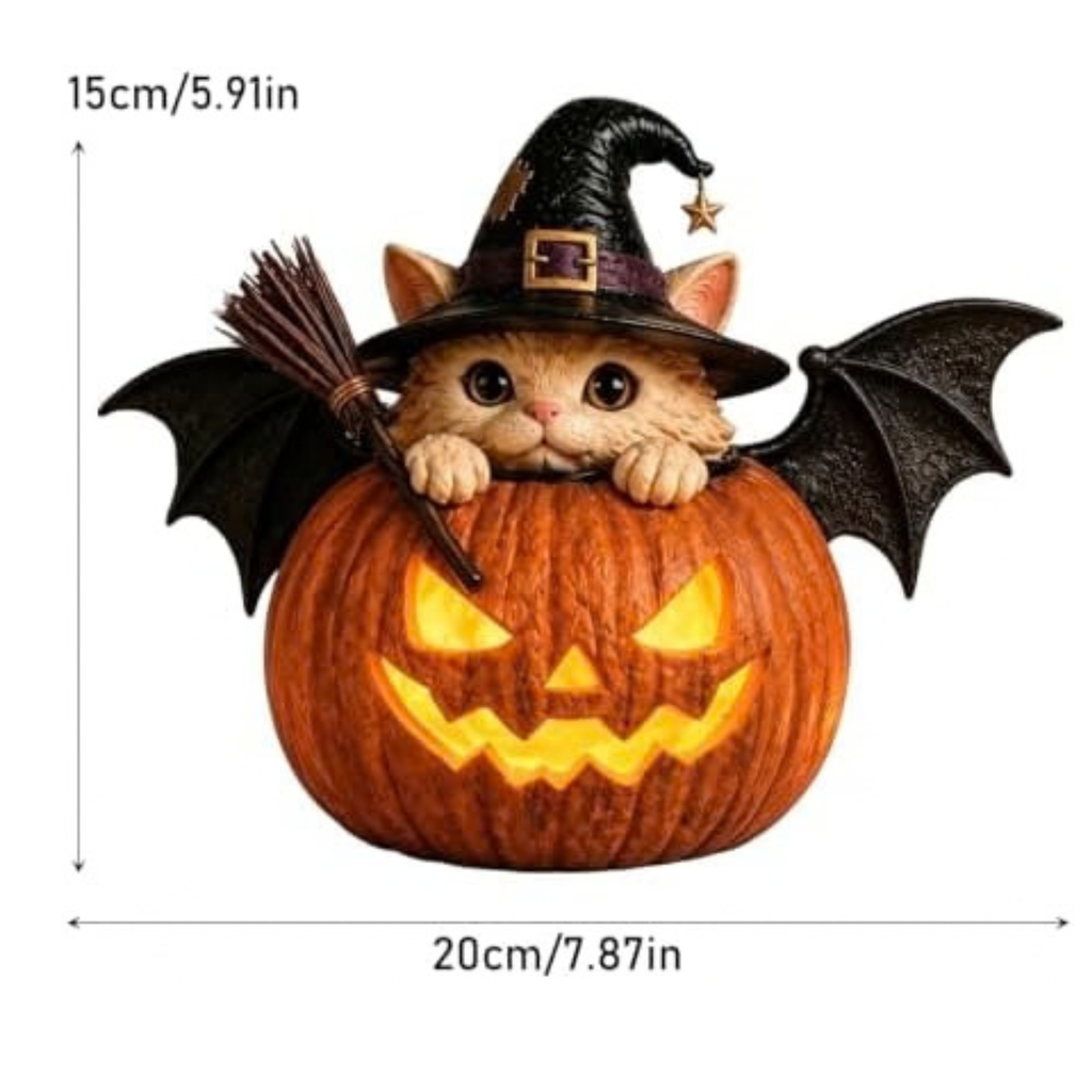 8'' Cute Bat Cat Pumpkin Lamp Figurine, Resin Halloween Ornament Witch Hat Lamp, Fall Decor for Mantel, Shelf, Desk, Tabletop, Farmhouse & Gothic Home Decor, Jack O Lantern Gift