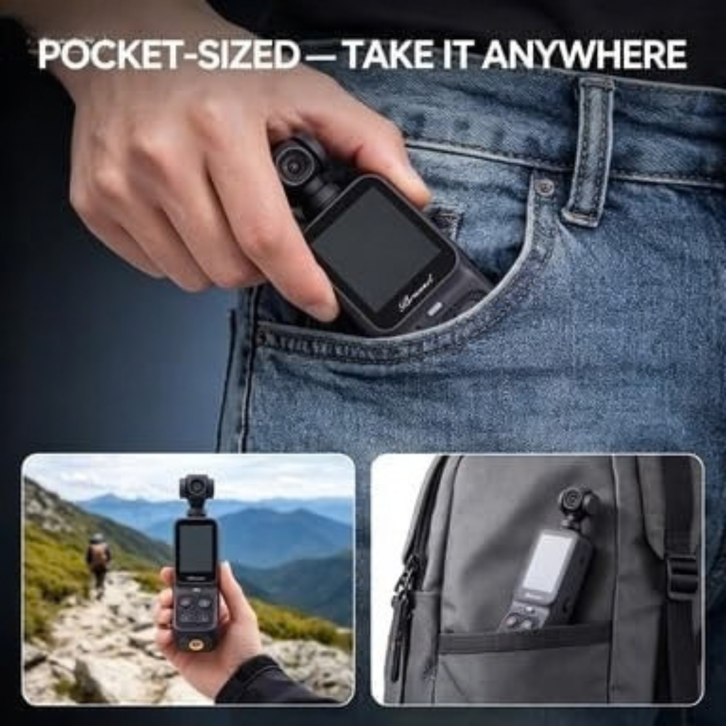4K Pocket Gimbal Camera with Stabilization, Tracking, Rotatable Lens, Touchscreen