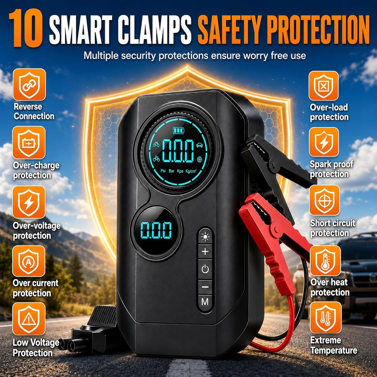 9000A Jump Starter with Air Compressor, 12V Car Battery Jump Box