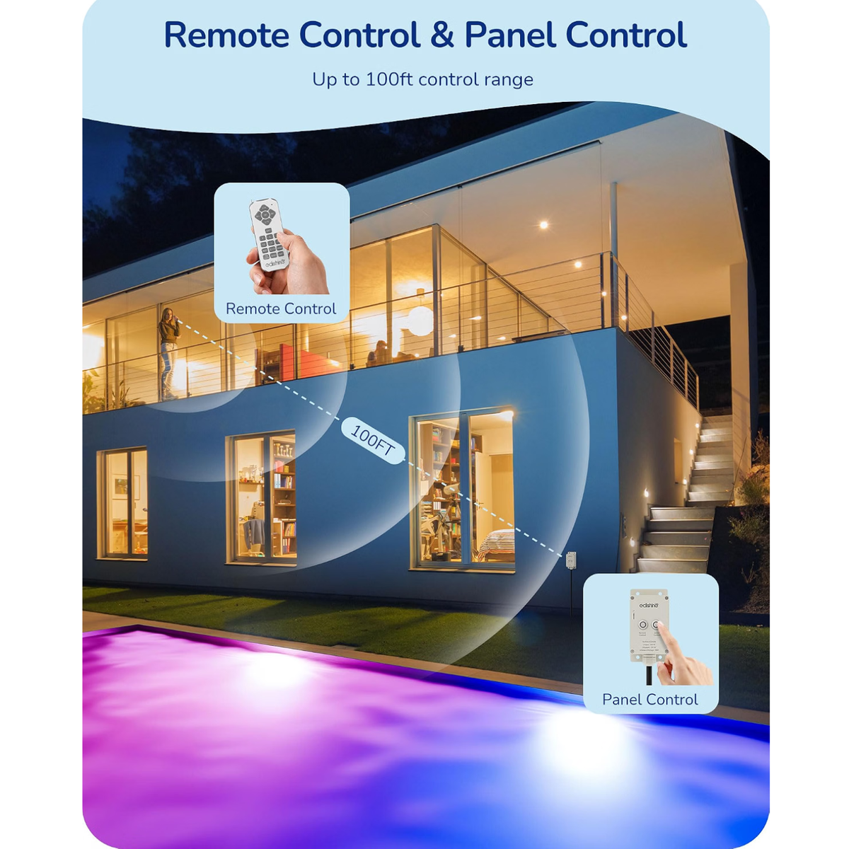 10In 12V RGBW Inground Pool Light, IP68 Remote Control, 100FT Cord