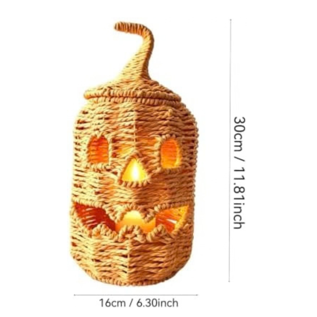 Rattan Halloween Pumpkin Lamp Figurine, Halloween Candy Basket, Handwoven Halloween Jack O Lantern Lamp, Trick or Treat Bucket with Pumpkin Lights, Halloweens Treat Bag Lamp (11.8×6.3in Black)