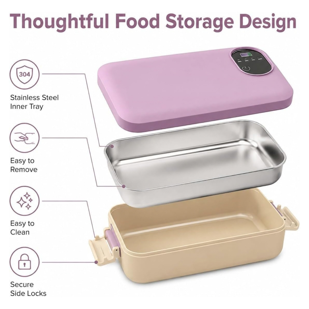 Portable Electric Lunch Box Self-Heating Rechargeable 900ML Stainless Steel for Work Travel