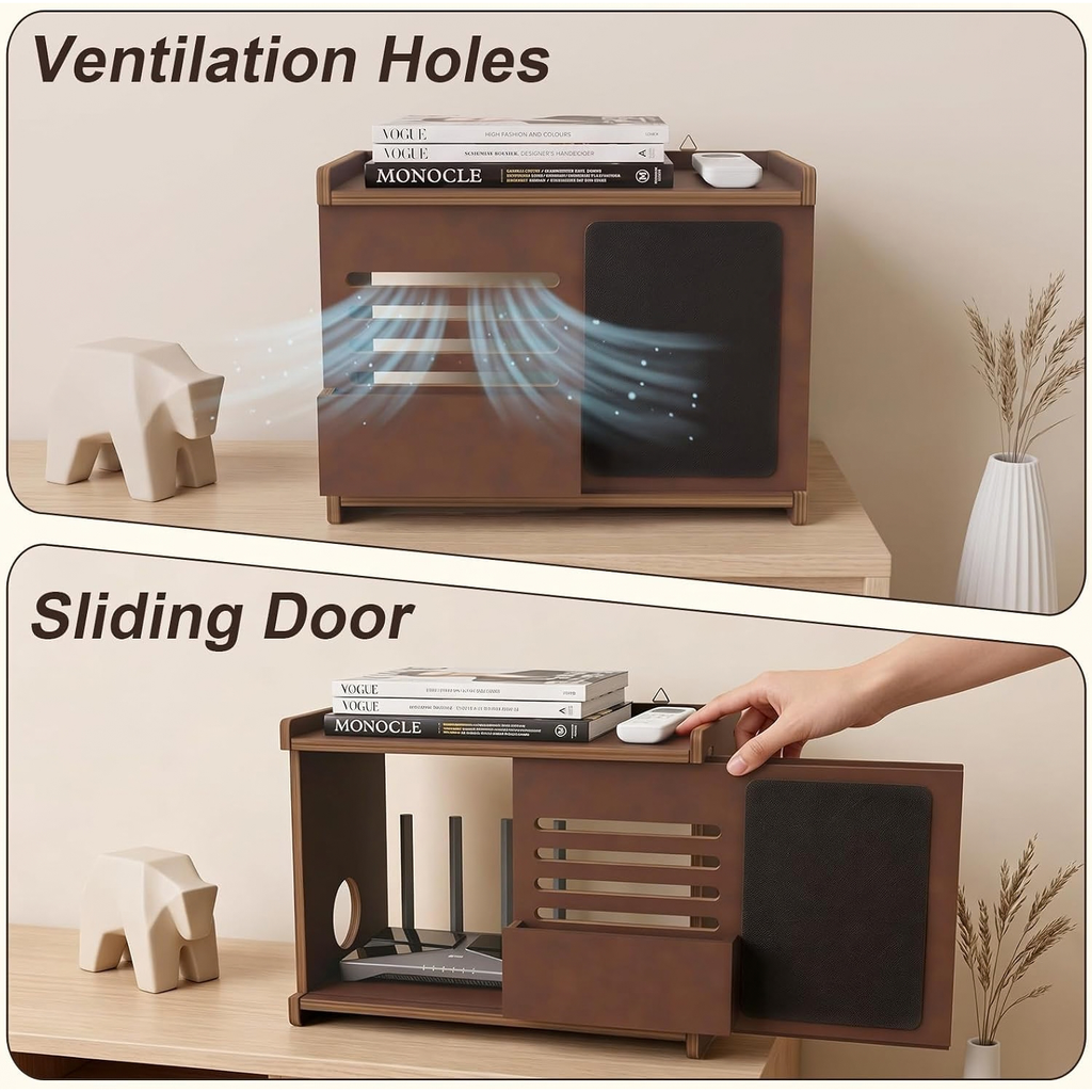 WiFi Router Box Hider with Front Storage & Chalkboard, Wooden Router Shelf