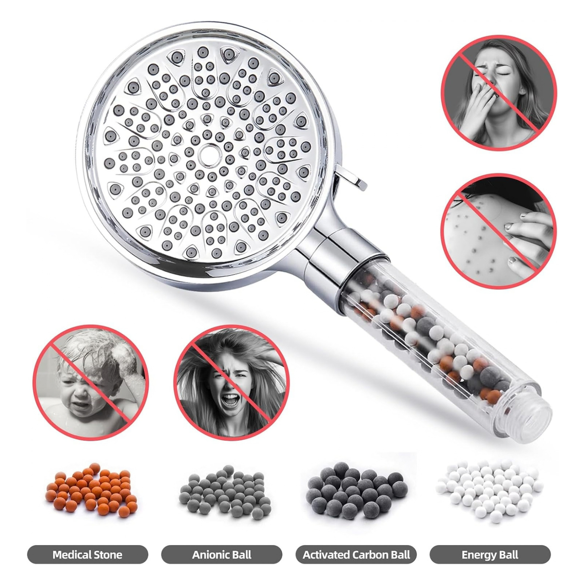 High Pressure 6 Spray Mode Showerhead with Filters and Replacement Beads Gold