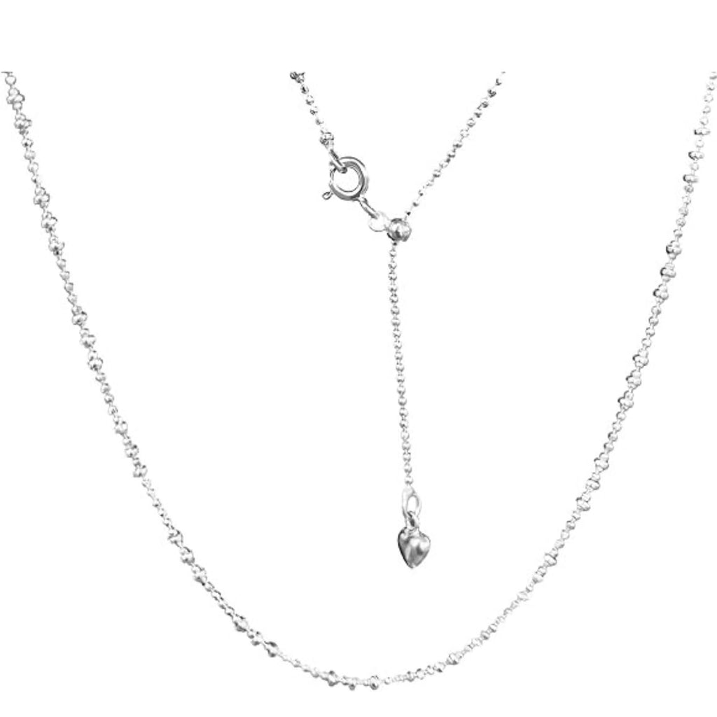 925 Sterling Silver Beaded Chain Necklace for Women – Delicate Car Flower Textured Bead Collar Choker, 15.75"+1.97" Adjustable Extension Chain with Heart Charm Accent for Daily Wear & Gifting