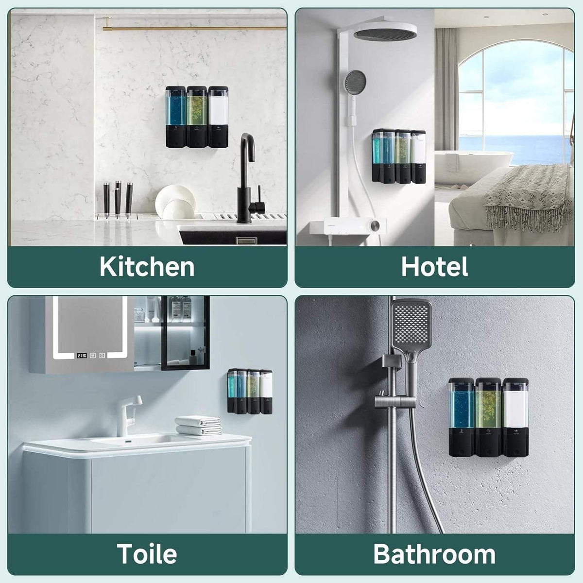 Wall Mount 3 Chamber Soap Dispenser for Shower - No Drill