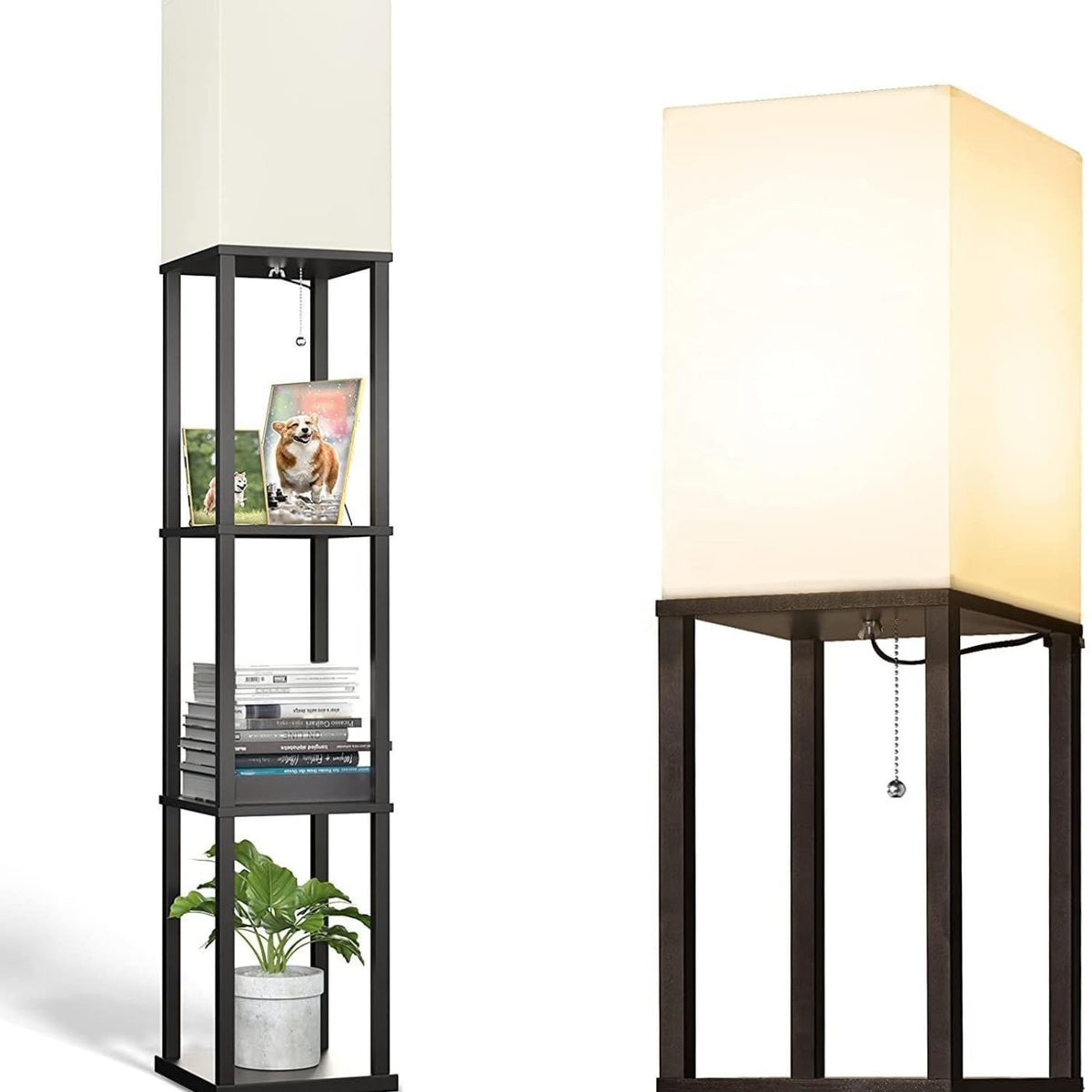 Shelf Floor Lamp Modern Standing Tower Corner Display Shelf Light Tall Bedside Nightstand Lamp with USB Charging Ports
