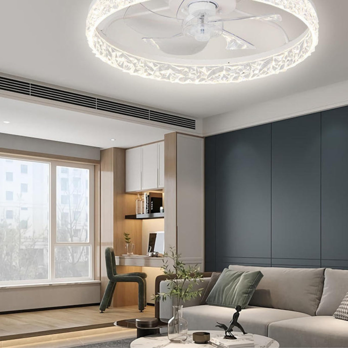 High Power Invisible Ceiling Fan Light Remote App Control Retractable Blade LED Ceiling Fan Dimmable Modern Flush Mount Chandelier Fan Light for Living Room Bedroom Dining Room Restaurant Office