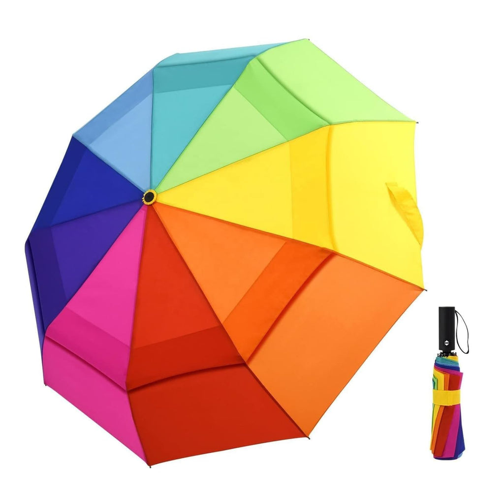 Rainbow Automatic Compact Travel Folding Umbrella - Large 44 Inch Canopy Arc, Windproof 9 Rib Fiberglass Frame, One-Touch Auto Open Close Portable Weather Shield for Men Women