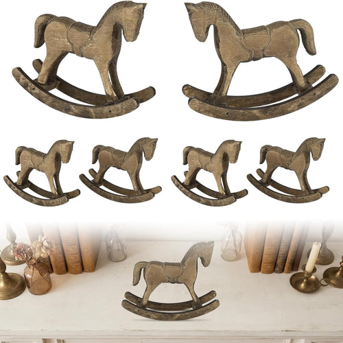 6 Pack Vintage Wooden Rocking Horse Decor, Handcrafted Antique Style Miniature Figurines