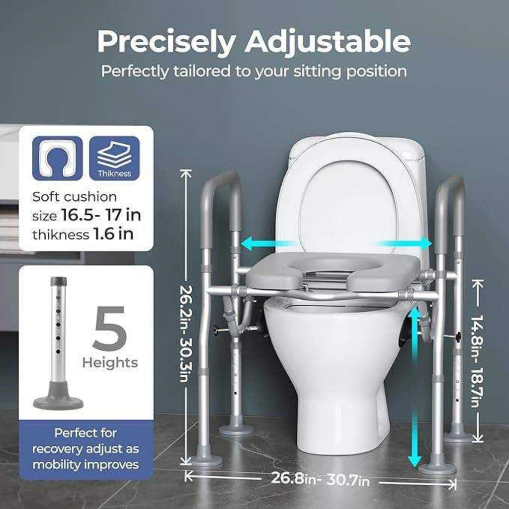 GAOBO Large Elevated Toilet Seat with Arms - Heavy Duty 400 lbs Aluminum Raised Toilet Seat Frame for Seniors, Handicap - 5 Height Adjustable Soft Padded Cushion Safety Rails, Post-Surgery Recovery
