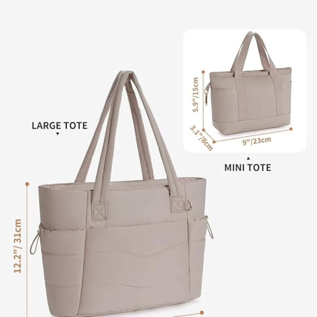 Puffer Work Tote Bag with Tumbler Holder, 2 Pcs Set Nurse Bag with 15.6 Inch Padded Laptop Sleeve & Trolley Sleeve