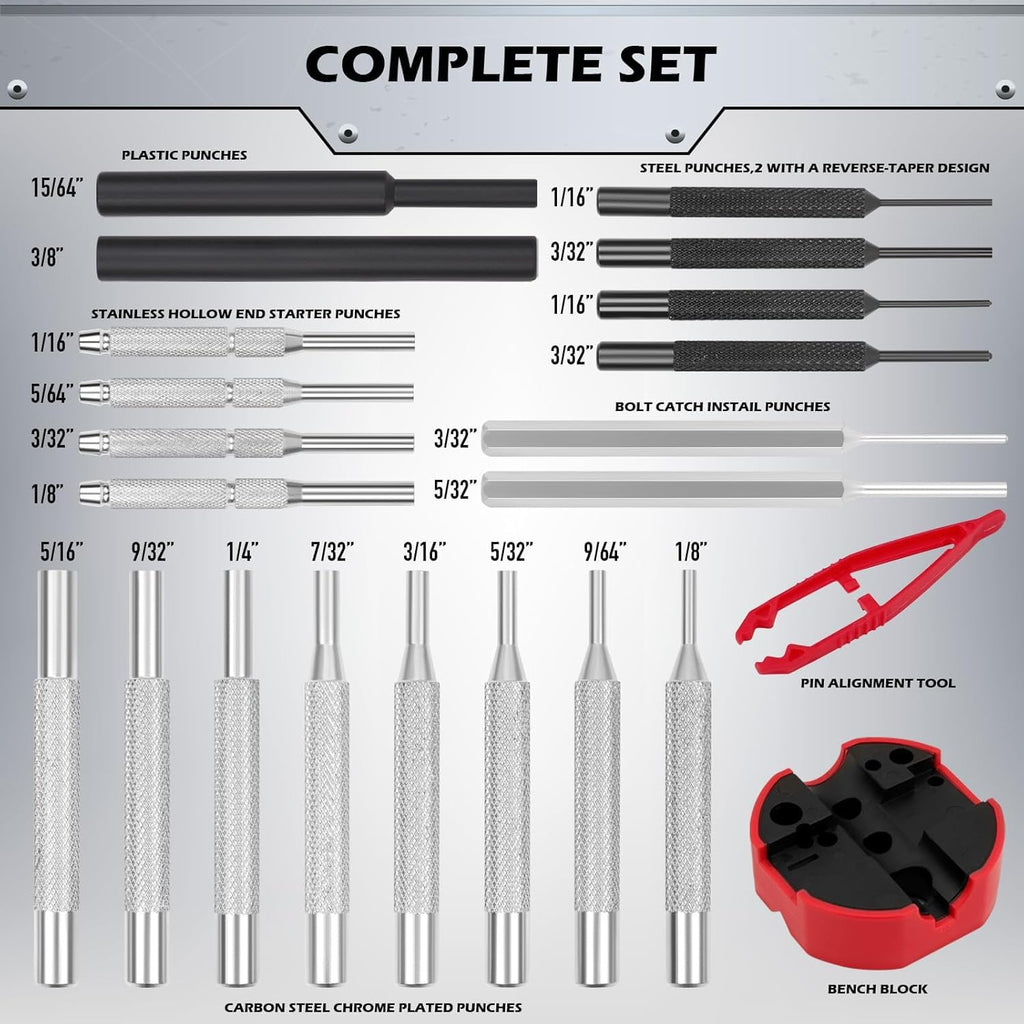 34-Piece Gunsmithing Punch Set with Detachable Hammer & Bench Block – 25-Piece Armorers Punch Kit & 9-Piece Roll Pin Punch Set with Storage Case for Gun Maintenance, Automotive, Repair