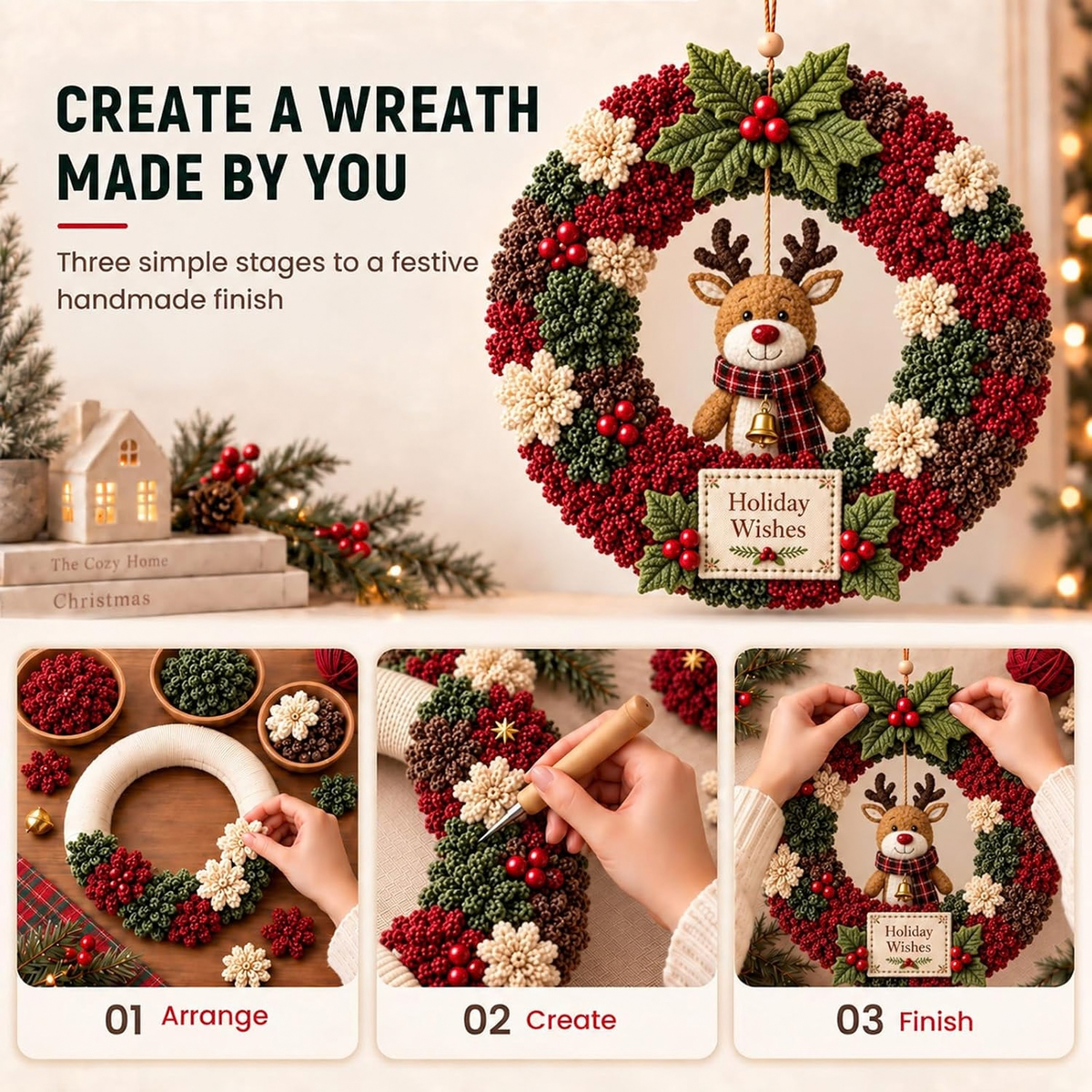 3D Christmas Wreath DIY Fabric Poke Art Kit for Handmade Holiday Home Decor