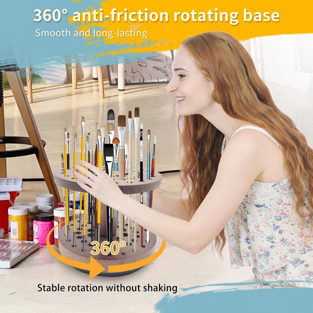 360° Rotating Hardwood Paint Brush Holder, Artist Desktop Storage Organizer