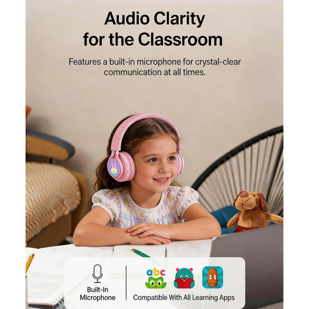 LED Bunny Kids Bluetooth Headphones, Over Ear Wired & Wireless Headset Pink