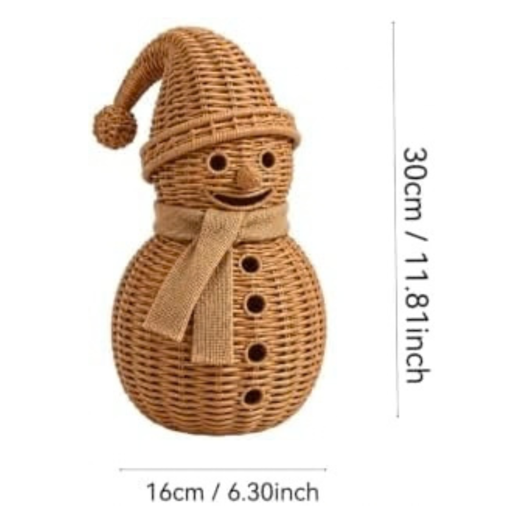 Handwoven Natural Rattan Snowman Figurine & Wicker Candle Holder (12in A)