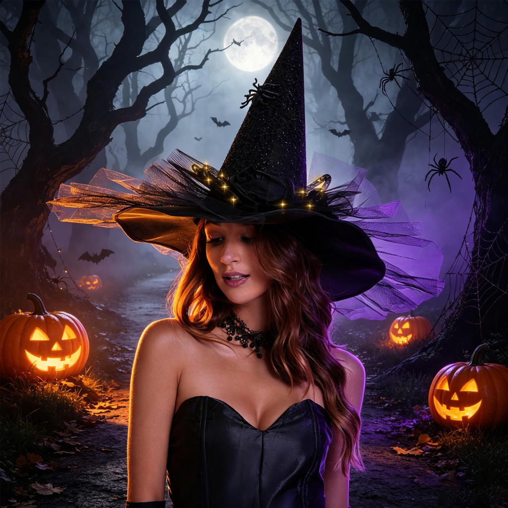 Women's LED Lighted Witch Hat Halloween Costume with Gauze Feathers