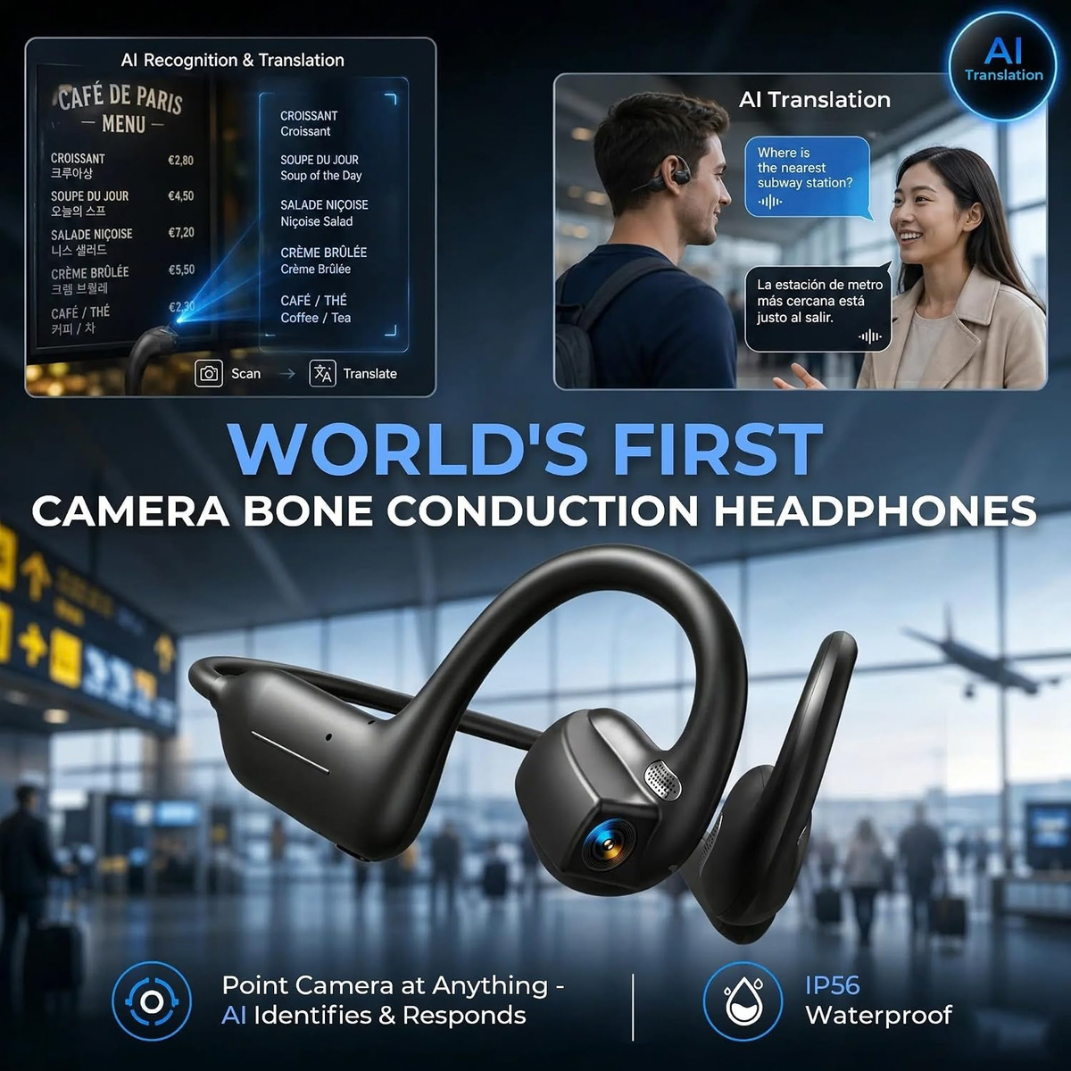 E12 Bone Conduction Headphones with Camera, AI Translation & Bluetooth