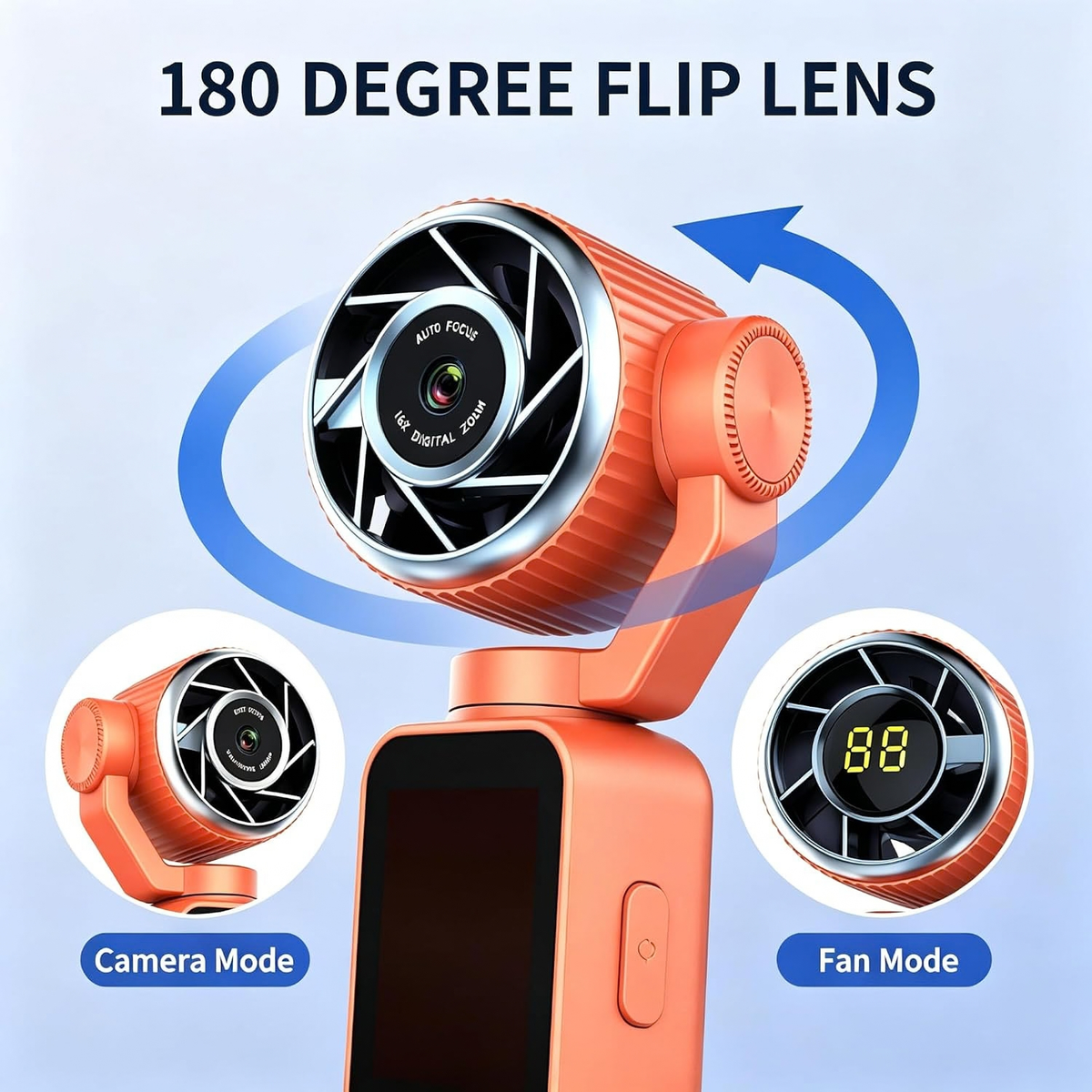 2-in-1 Fan & Gimbal Camera, 180° Flip Lens, 130° Wide Angle, 16X Zoom (Orange)