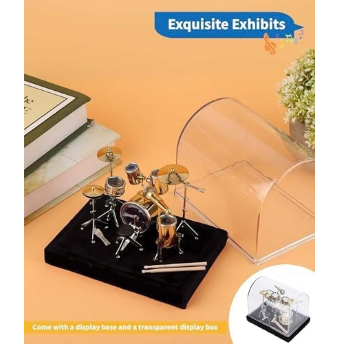 Mini Drum Set with Display Box and Base, Metal Mini Drum Kit, Miniature Musical Instrument Drum Set, Mini Drums for Gifts Families Friends