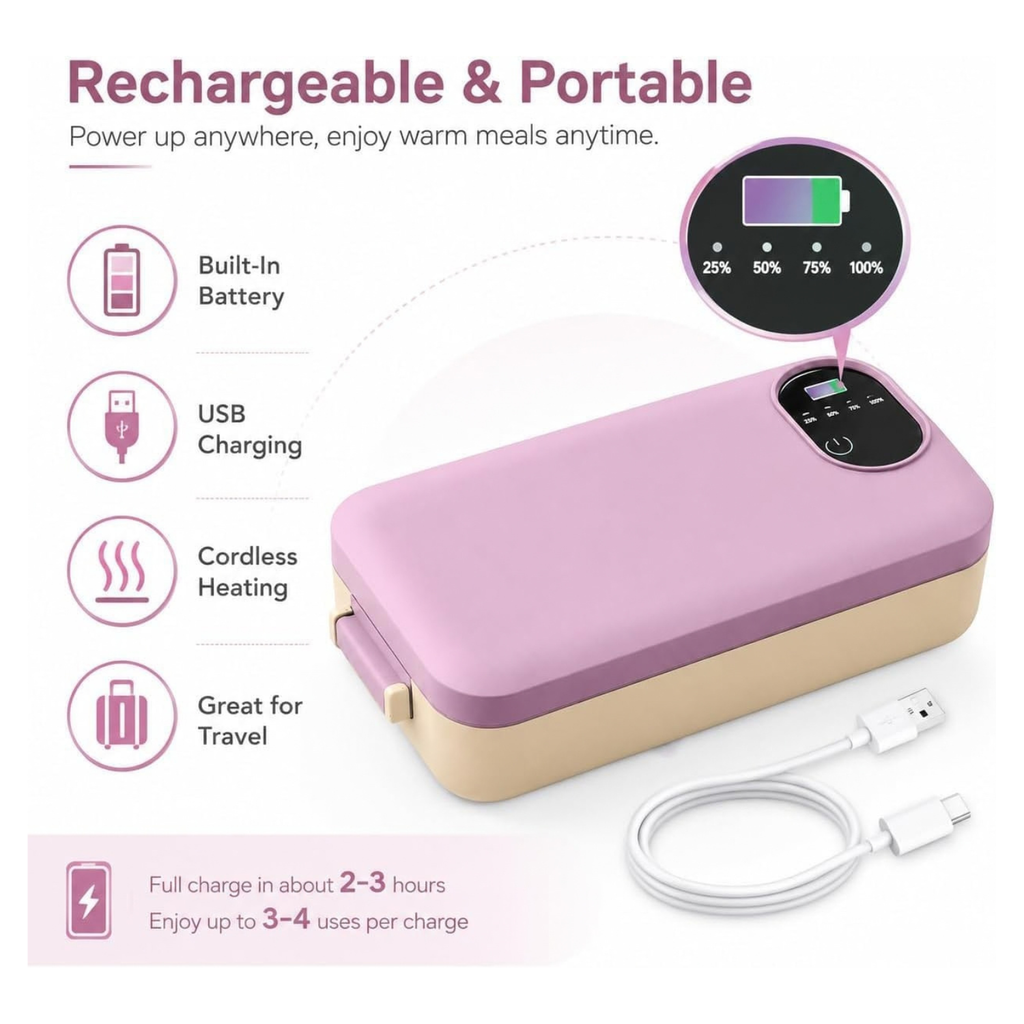 Portable Electric Lunch Box Self-Heating Rechargeable 900ML Stainless Steel for Work Travel