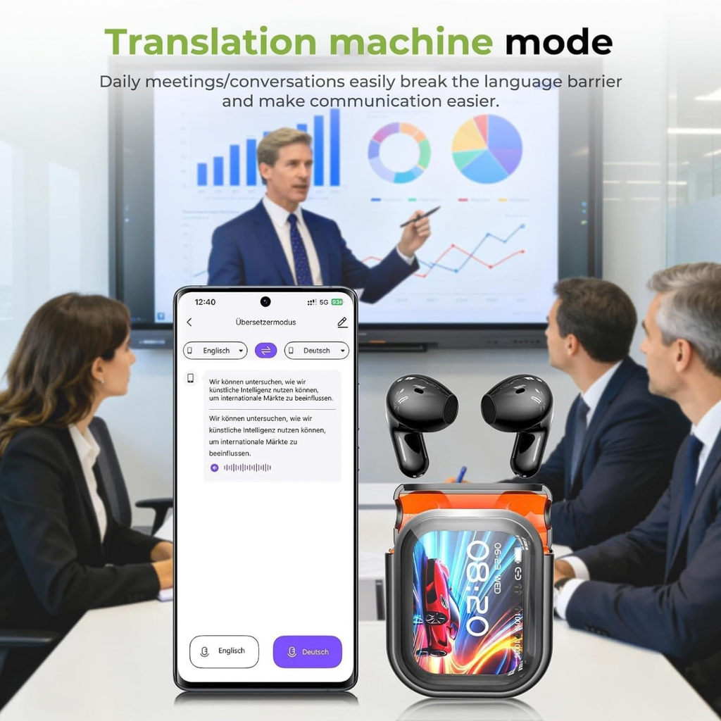 NE20 AI Translation Earbuds with Touch Screen, 135 Languages, Real-Time Translation