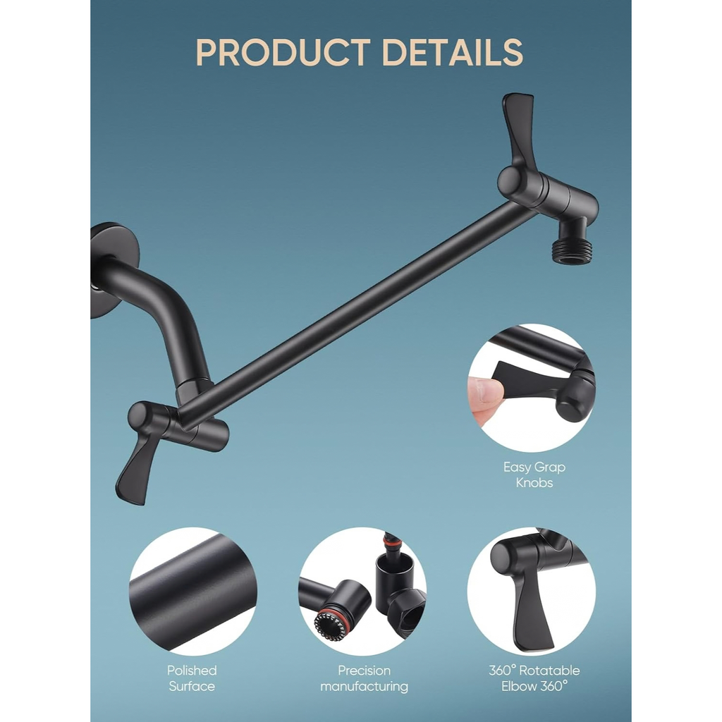 11" Solid Brass Shower Extension Arm, 360° Adjustable, Matte Black Wall Mount