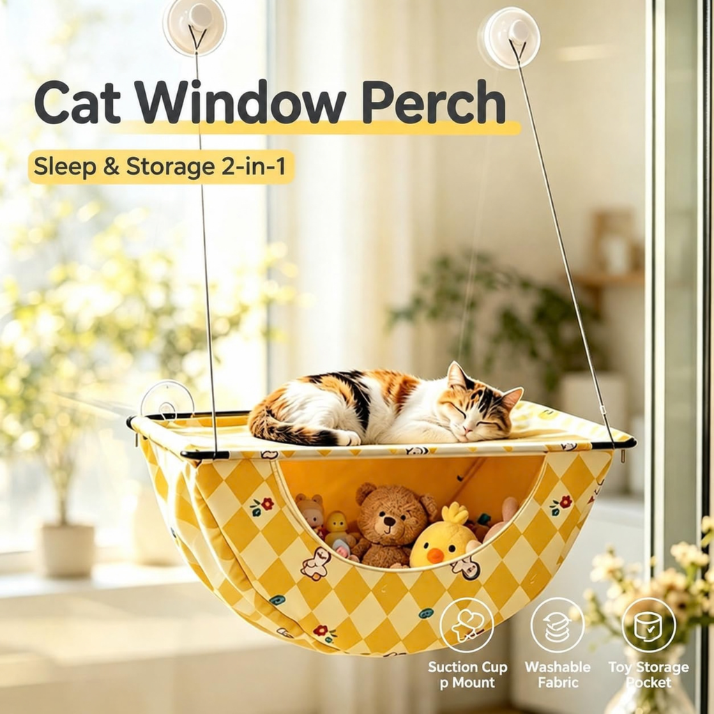 Cat Window Perch, Suction Cup Cat Hammock with Storage Pocket for Indoor (A)