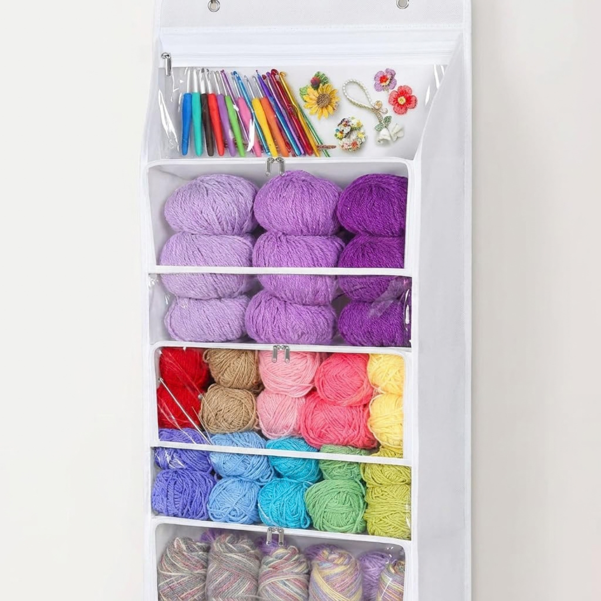 6-Tier Hanging Yarn Storage Organizer with Zippered Compartments and Mesh Pockets