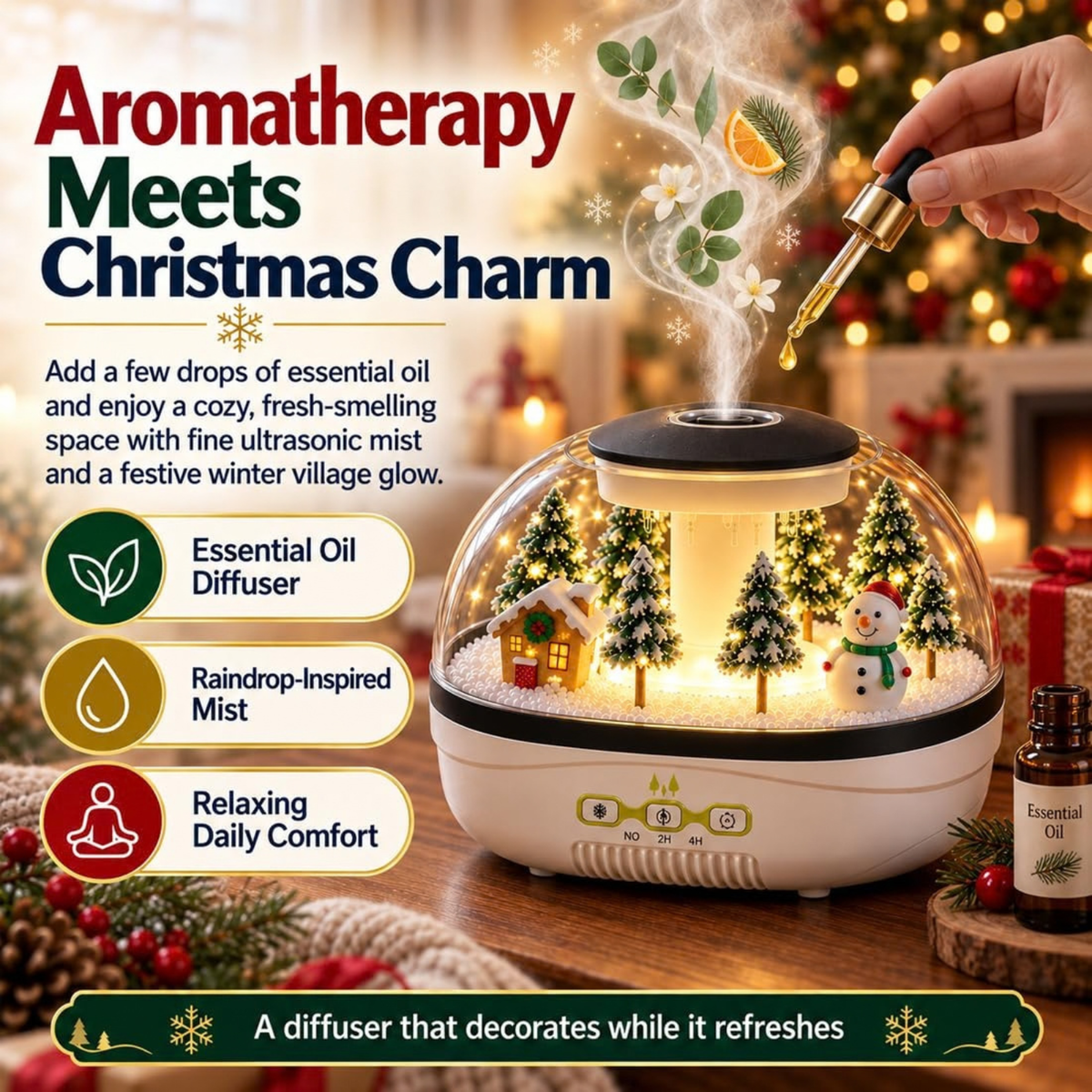 Christmas Village Humidifier, Snow Village Raindrop Essential Oil Diffuser