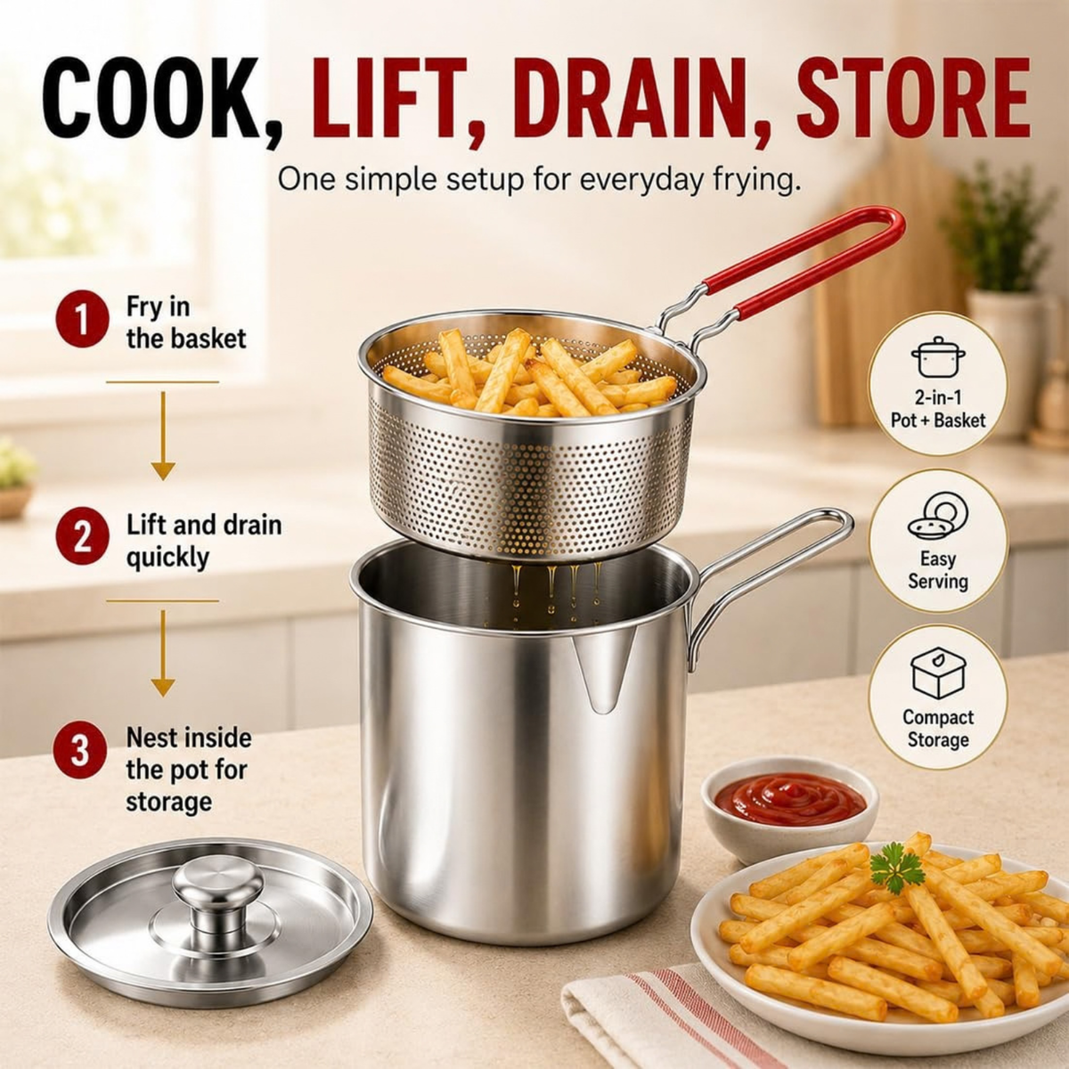 Stainless Steel Pot with Lift-Out Draining Basket & Food Tongs