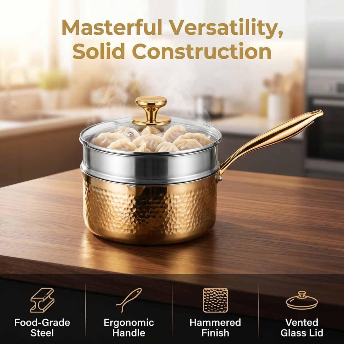 Pure Titanium Saucepan with Lid, Hammered Nonstick Pot for All Stovetops, Gold