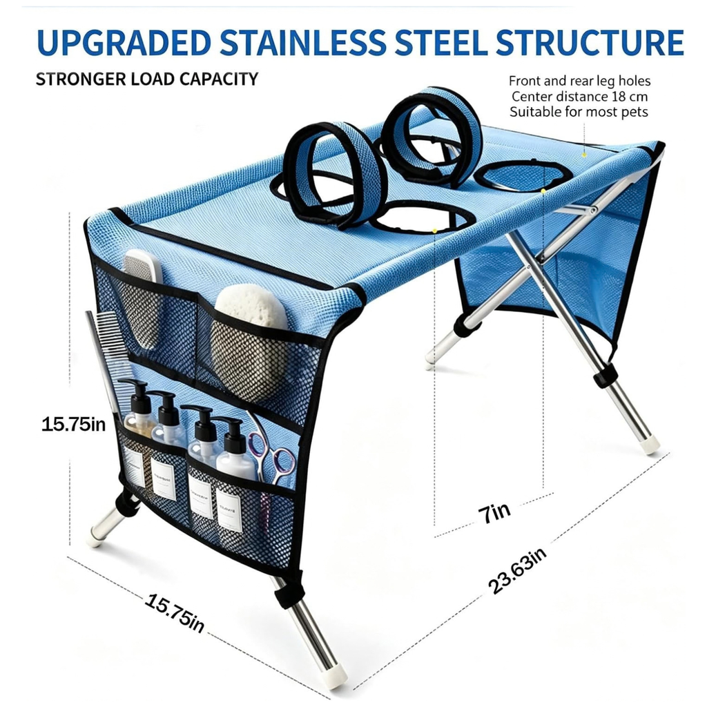 Dog Shower Hammock, Chair & Holder Stand – 2026 Upgrade Foldable，Blue