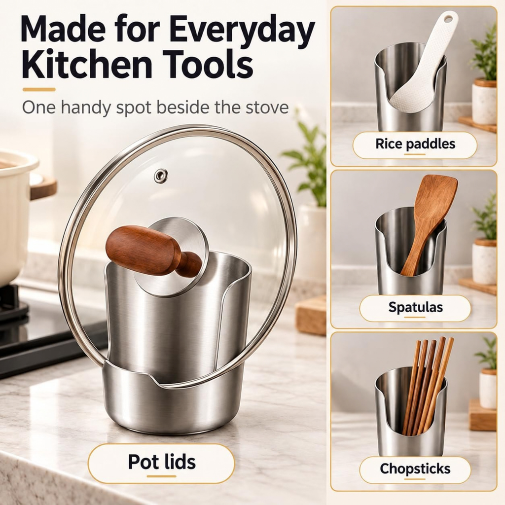Thickened Stainless Steel Utensil Organizer, 2-in-1 Spoon & Lid Holder