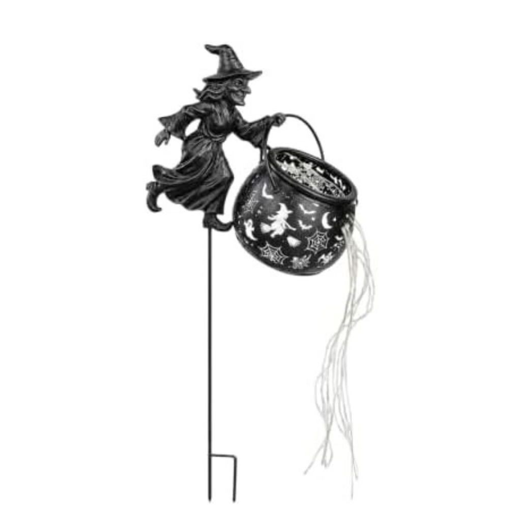 Halloween Witch Cauldron Garden Light, Waterfall LED Projection Stake Lights for Outdoor Yard Decor, Flying Witch Silhouette, Waterproof Watering Can Light Flow Decoration for Patio Pathway