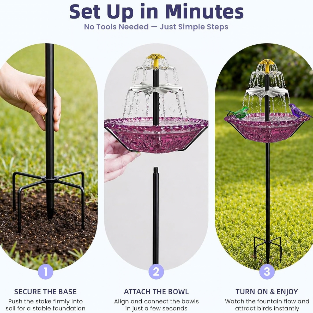 Solar Fountain Bird Bath with Stakes, Cascade Water Feature for Garden & Yard Decor (Purple)
