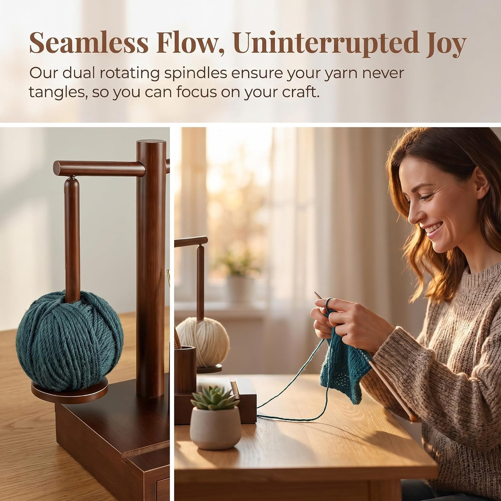 Wooden Yarn Holder with Magnetic Rotating Spinner, 2 Spindles & Storage Box