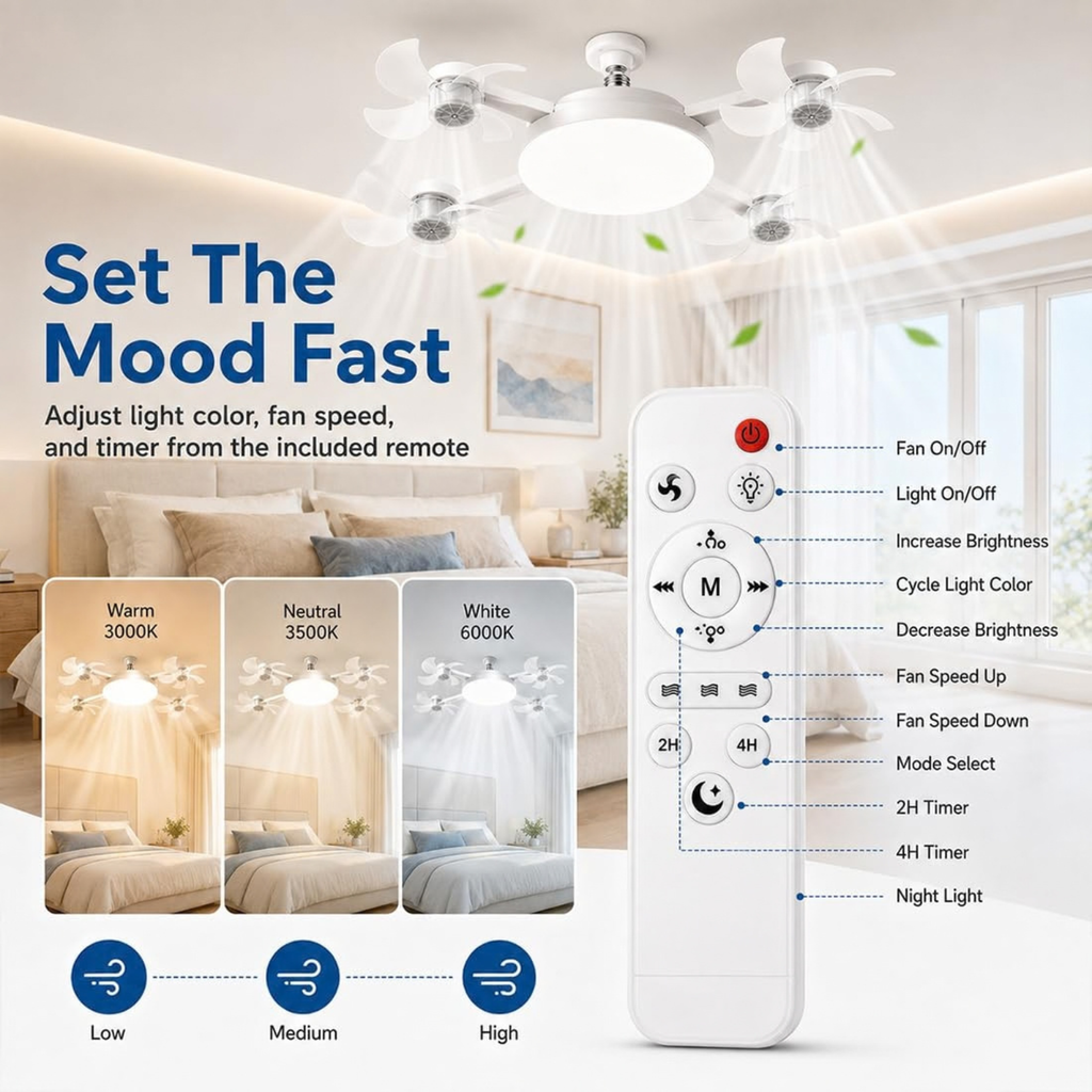 E27 Ceiling Fan Light, Silent LED Fan, Remote Control, 3 Speeds, Dimmable