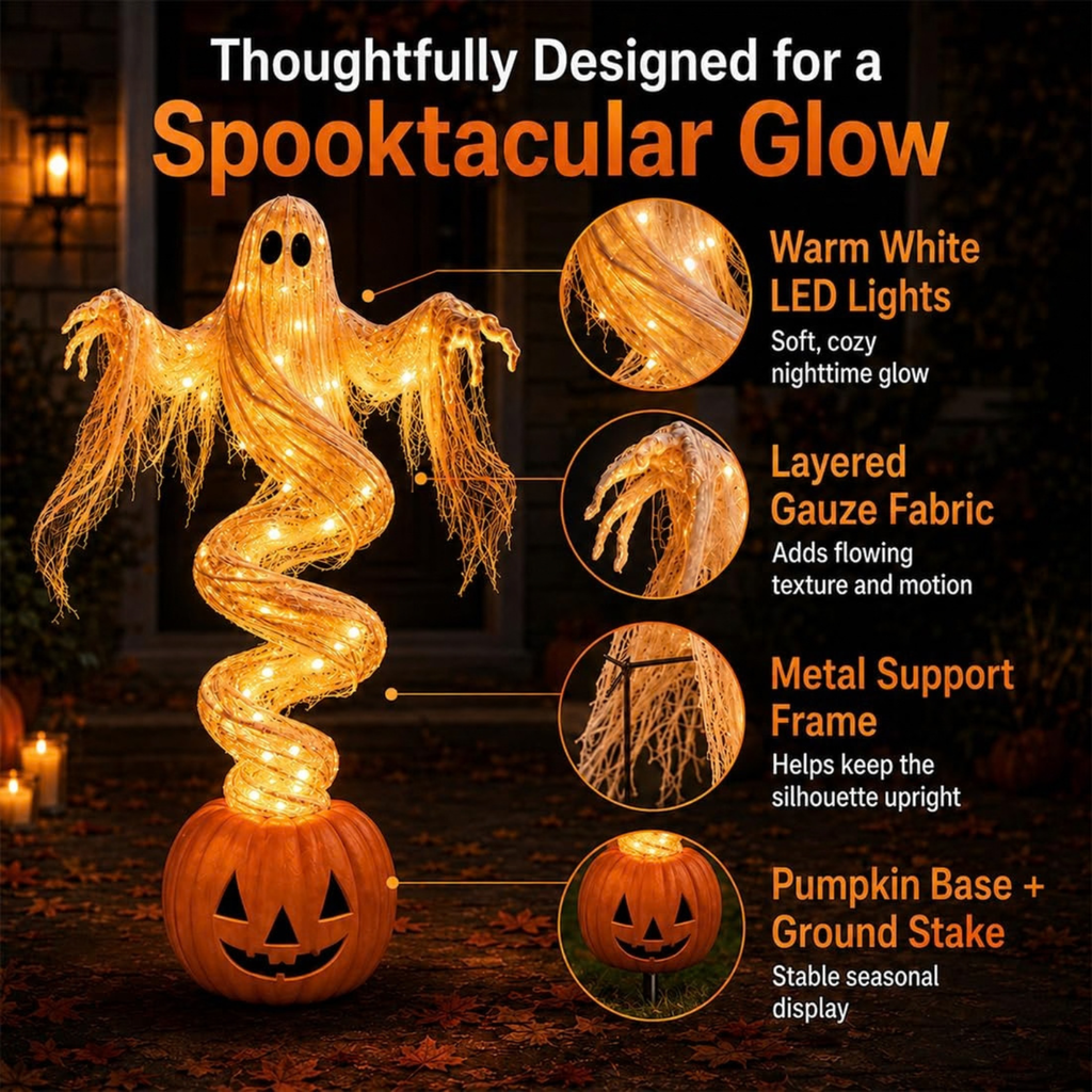 Swirling Ghost Pumpkin Yard Lamp, LED Halloween Ghost Glow Pumpkin Decor