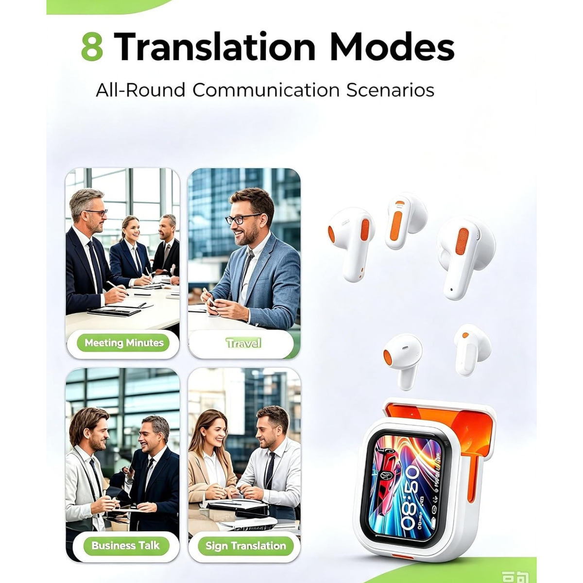 NE20 AI Translation Earbuds, Real-Time Translator, 135 Languages, LCD Touch Screen