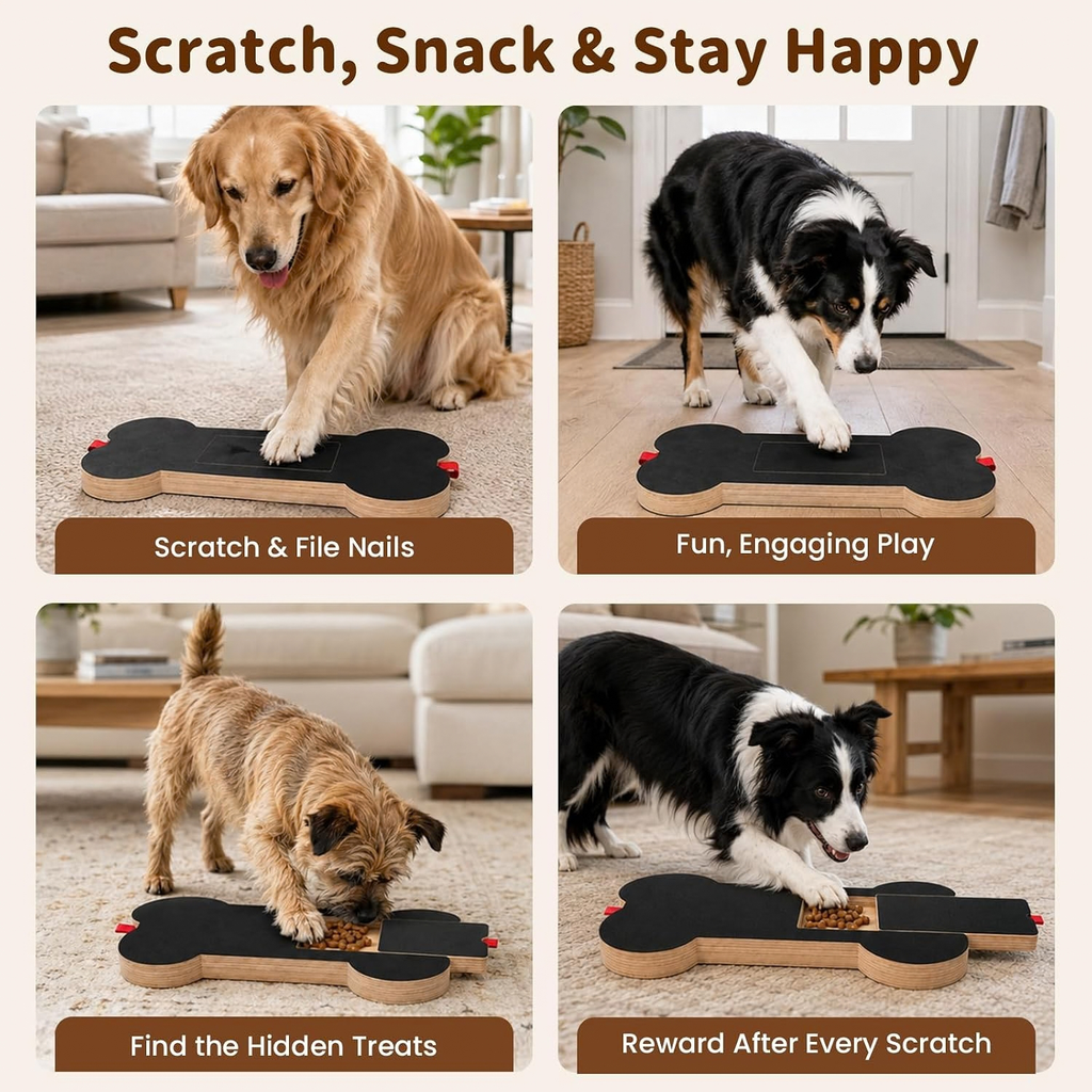Bone-Shaped Dog Nail Scratch Board with Treat Drawer, Wooden (1 PCS)