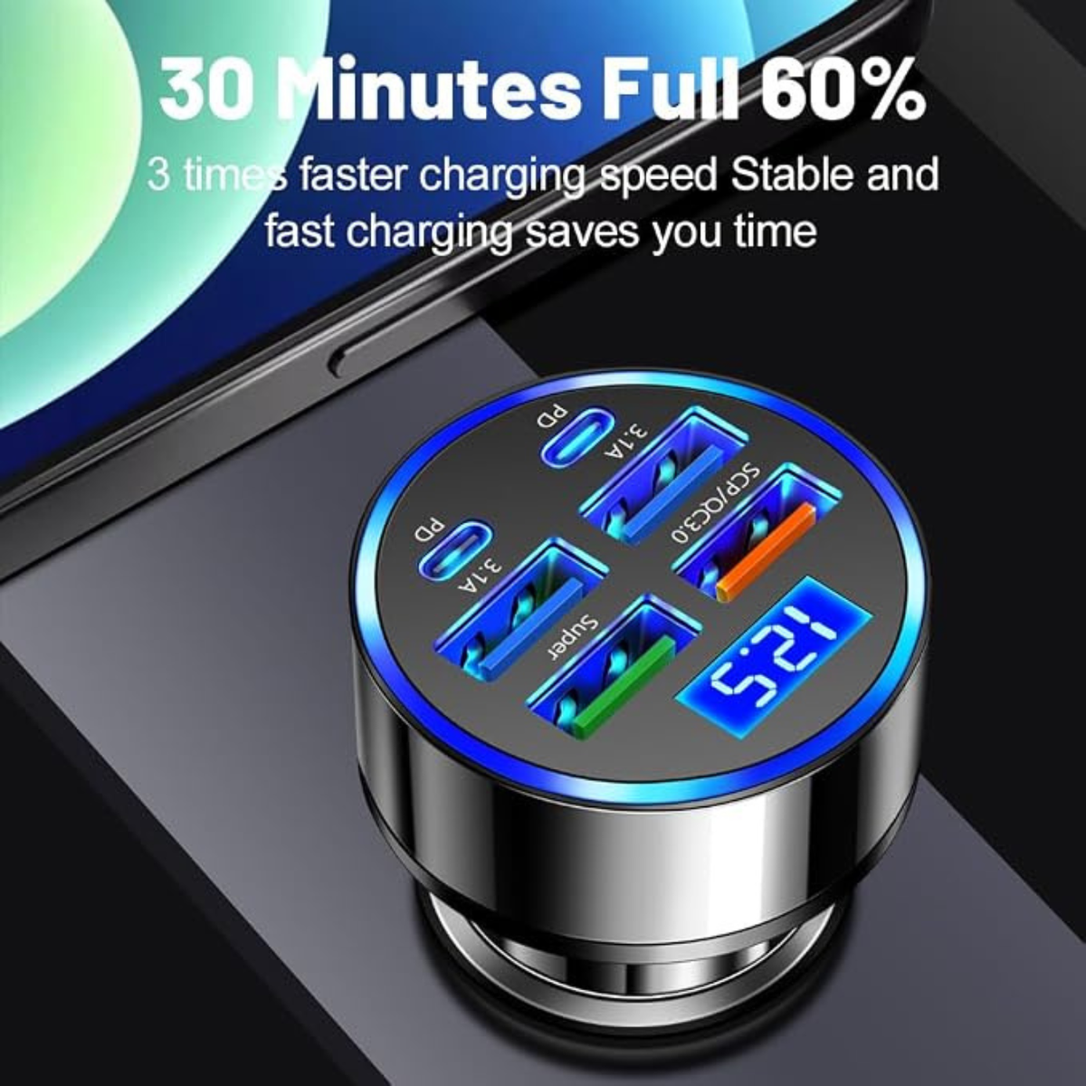 6-in-1 Multi-Port USB C Car Charger with LED Voltmeter