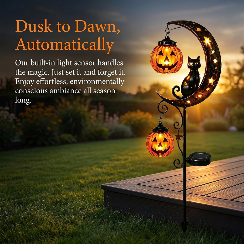 Pumpkin Moon Garden Stake Light, Solar Black Cat Pumpkin Halloween Outdoor Decoration