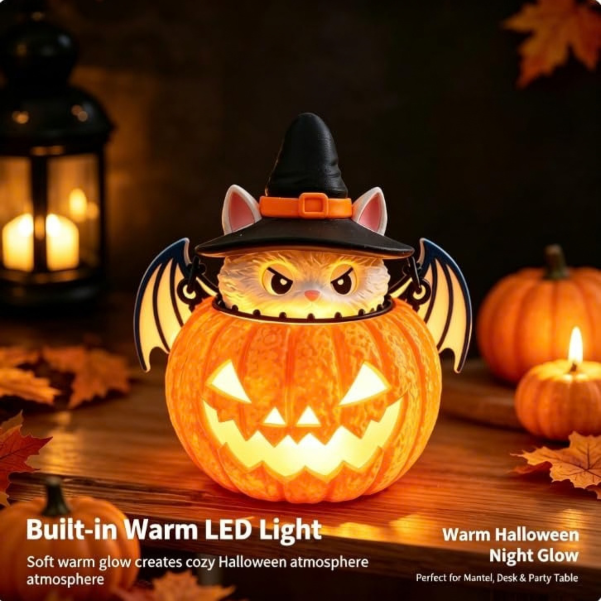 Halloween Cat Pumpkin Light, 3D Printed Witch Cat Tabletop Decor